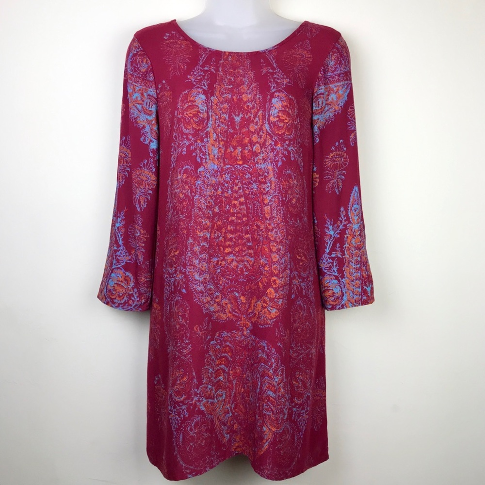 BillaBong Maroon Batik Dress Size XS 2 Red Blue Orange Print Long Sleeve Boho